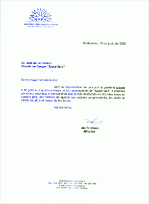 Carta de la Ministra María Simón, con motivo de los "Reconocimientos Sauce Solo" 2008