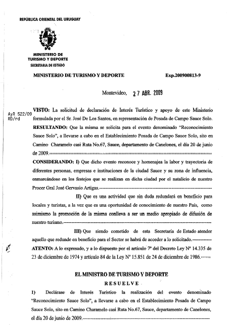 Resolución Ministro de Turismo Dr. Héctor Lescano