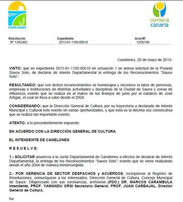 Resolución del Sr. Intendente de Canelones Dr. Marcos Carambula